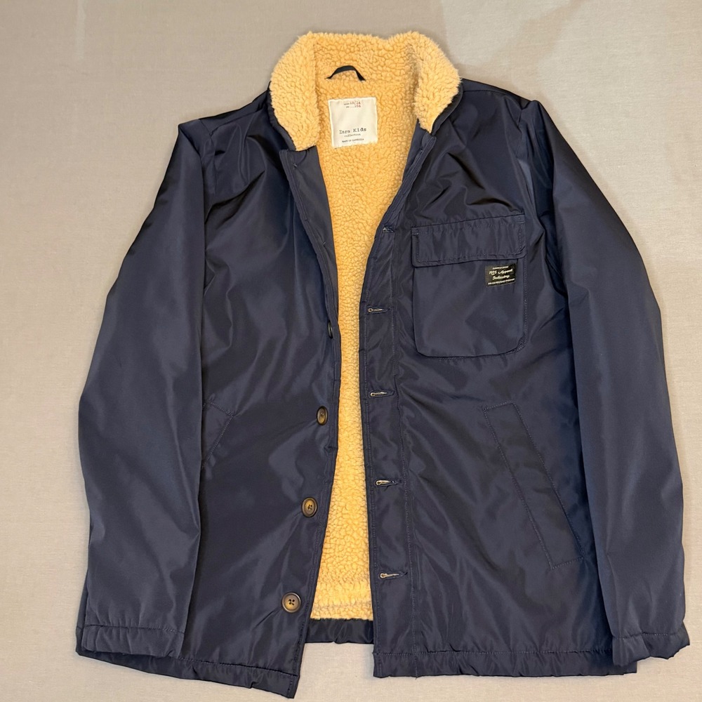 Zara boys 1975 Navy Blue Shearling Sherpa Lined Jacket Size 13/14